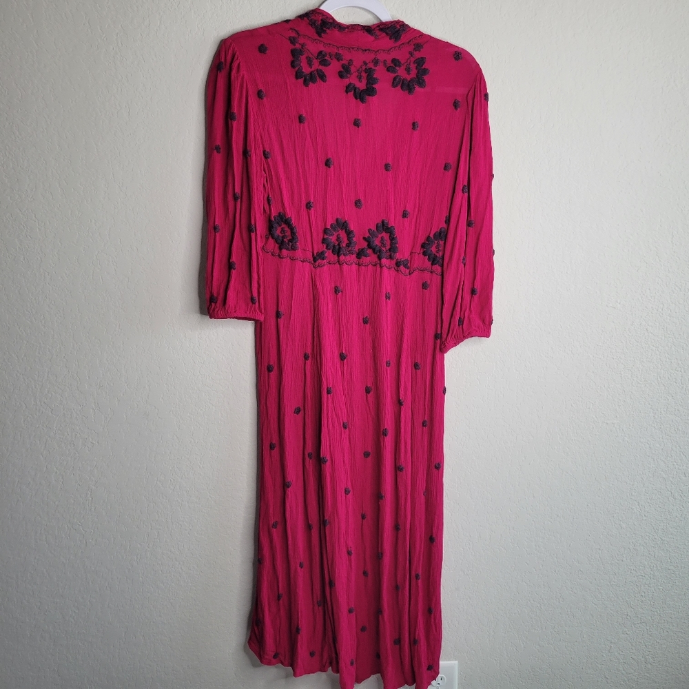 Free people embroidered boho maxi dress hot pink waist draw string size S - Picture 8 of 9